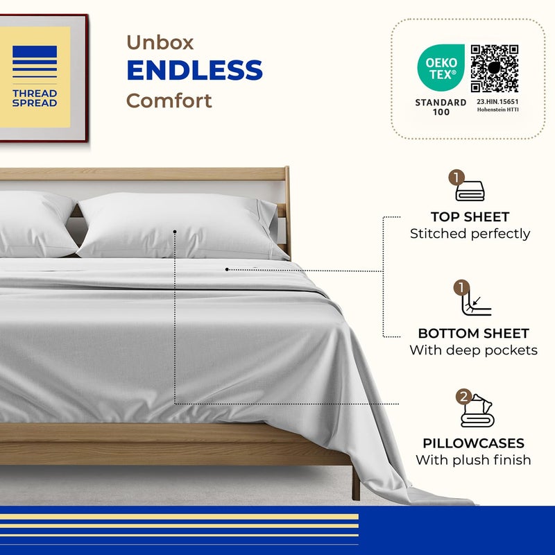 THREAD SPREAD 100% Egyptian Cotton King Size Sheet Set - High Thread Count King Size Sheets Set Egyptian Cotton, 4 PC Silver 16" Deep Pocket, Soft Cooling Sateen Ultra Luxury Hotel Bedding - Image 3
